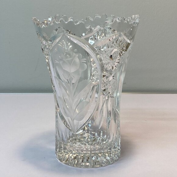 Antique American Brilliant Period Cut Glass Vase Etched Rose Stem ABS Small - Picture 13 of 14